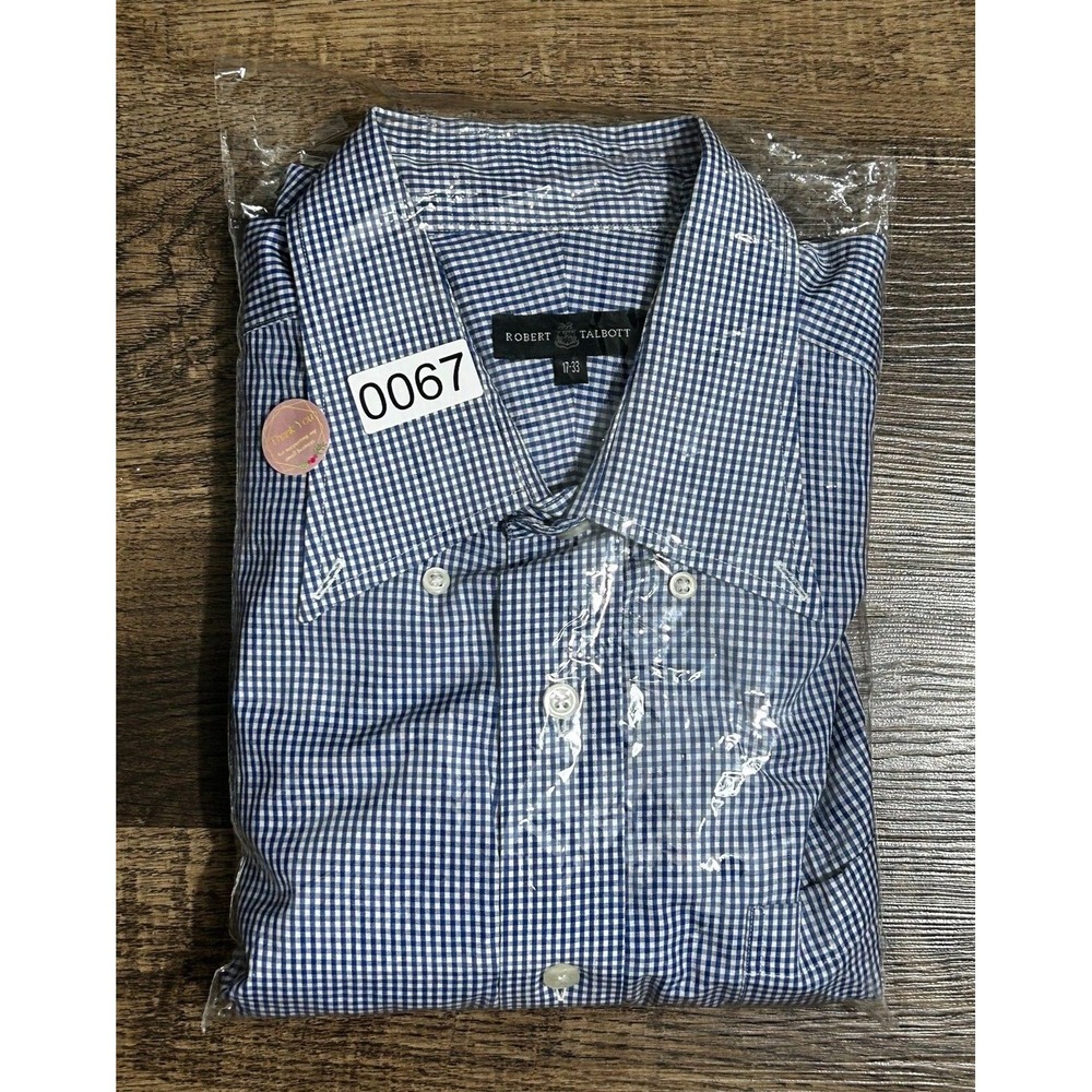 Robert Talbott Dress Shirt Men 17 Blue Checkered Single Chest Pocket Button Down - Picture 10 of 10